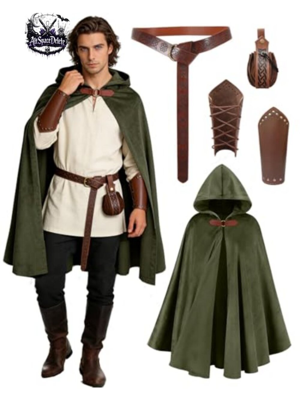 Renaissance Hooded Cloak Medieval Costume Accessories with Belt Pouch Bracers